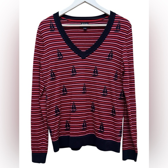 Tommy Hilfiger Women’s Nautical Striped V-Neck Sweater - Red Navy Pink Sz M NWOT - Picture 1 of 7